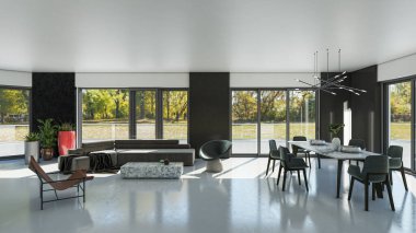 3D tasviri, büyük lüks, modern, parlak iç mekânlar sunuyor. Oturma odasındaki model bilgisayarlar dijital olarak oluşturuluyor.