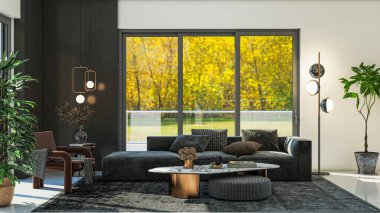 3D tasviri, büyük lüks, modern, parlak iç mekânlar sunuyor. Oturma odasındaki model bilgisayarlar dijital olarak oluşturuluyor.