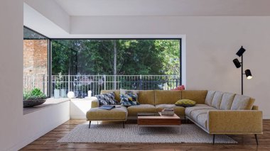 3D tasviri, büyük lüks, modern, parlak iç mekânlar sunuyor. Oturma odasındaki model bilgisayarlar dijital olarak oluşturuluyor.