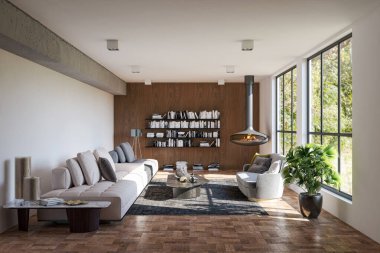 3D tasviri, büyük lüks, modern, parlak iç mekânlar sunuyor. Oturma odasındaki model bilgisayarlar dijital olarak oluşturuluyor.