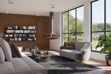 3D tasviri, büyük lüks, modern, parlak iç mekânlar sunuyor. Oturma odasındaki model bilgisayarlar dijital olarak oluşturuluyor.