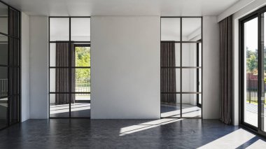 3D tasviri, büyük lüks, modern, parlak iç mekânlar sunuyor. Oturma odasındaki model bilgisayarlar dijital olarak oluşturuluyor.