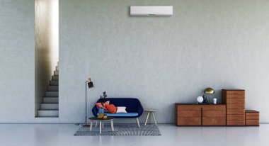 Büyük lüks, modern, aydınlık bir oturma odası. Klima modelleme çizimi 3D.