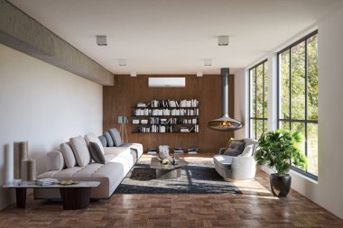 Büyük lüks, modern, aydınlık bir oturma odası. Klima modelleme çizimi 3D.