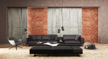 3D tasviri, büyük lüks, modern, parlak iç mekânlar sunuyor. Oturma odasındaki model bilgisayarlar dijital olarak oluşturuluyor.