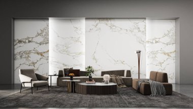 3D tasviri, büyük lüks, modern, parlak iç mekânlar sunuyor. Oturma odasındaki model bilgisayarlar dijital olarak oluşturuluyor.