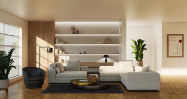 3D tasviri, büyük lüks, modern, parlak iç mekânlar sunuyor. Oturma odasındaki model bilgisayarlar dijital olarak oluşturuluyor.