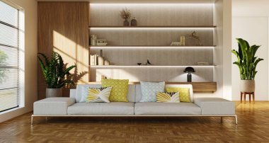 3D tasviri, büyük lüks, modern, parlak iç mekânlar sunuyor. Oturma odasındaki model bilgisayarlar dijital olarak oluşturuluyor.