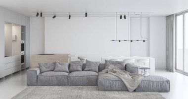 3D tasviri, büyük lüks, modern, parlak iç mekânlar sunuyor. Oturma odasındaki model bilgisayarlar dijital olarak oluşturuluyor.