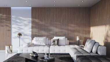 3D tasviri, büyük lüks, modern, parlak iç mekânlar sunuyor. Oturma odasındaki model bilgisayarlar dijital olarak oluşturuluyor.