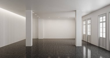 3D tasviri, büyük lüks, modern, parlak iç mekânlar sunuyor. Oturma odasındaki model bilgisayarlar dijital olarak oluşturuluyor.