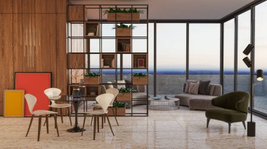 3D tasviri, büyük lüks, modern, parlak iç mekânlar sunuyor. Oturma odasındaki model bilgisayarlar dijital olarak oluşturuluyor.