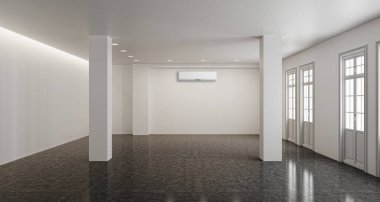 Büyük lüks, modern, aydınlık bir oturma odası. Klima modelleme çizimi 3D.