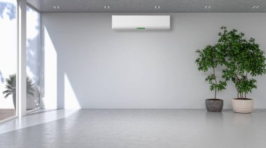 Büyük lüks, modern, aydınlık bir oturma odası. Klima modelleme çizimi 3D.