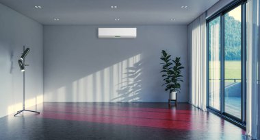 Büyük lüks, modern, aydınlık bir oturma odası. Klima modelleme çizimi 3D.