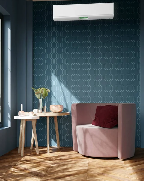 Büyük lüks, modern, aydınlık bir oturma odası. Klima modelleme çizimi 3D.