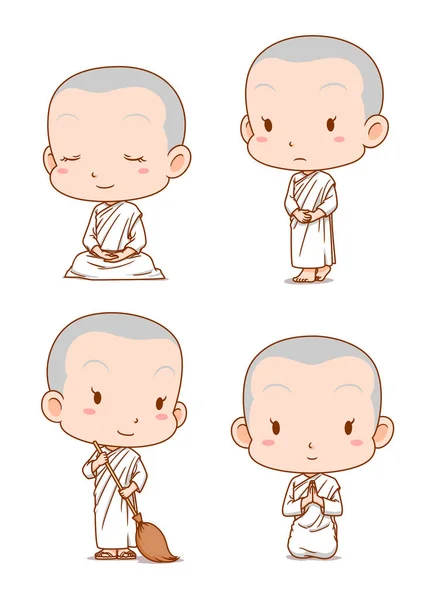 Personaje Dibujos Animados Monjas Budistas Tailandesas Diferentes Poses — Archivo Imágenes Vectoriales