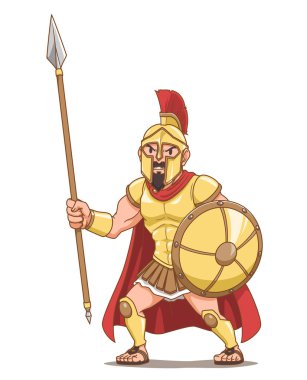 Mızrak ve kalkan tutan antik Yunan savaşçısının çizgi film karakteri.