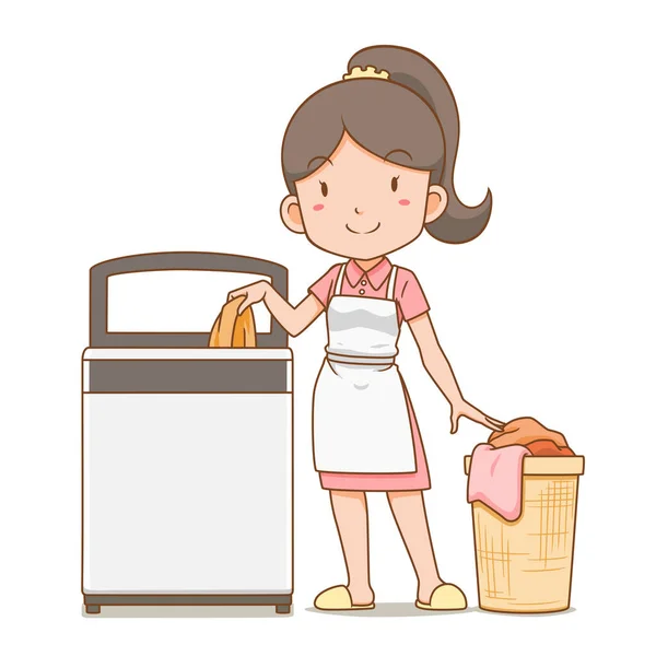 Cartoon Character Housekeeper Putting Clothes Washing Machine — Stock vektor