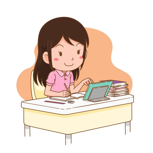 Ilustrasi Kartun Gadis Yang Belajar Secara Online Dari Rumah - Stok Vektor