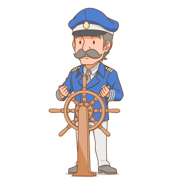 Χαρακτήρας Κινουμένων Σχεδίων Του Καπετάνιου Πλοίου Πίσω Από Τιμόνι — Διανυσματικό Αρχείο