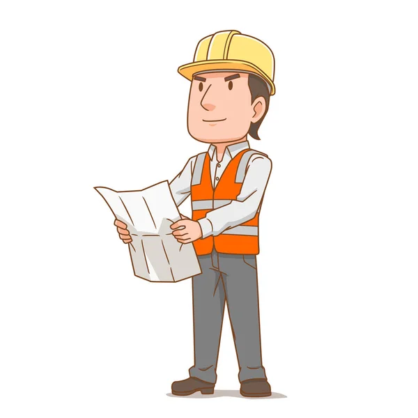 Cartoon Character Engineer Man Holding Plan Paper — ストックベクタ