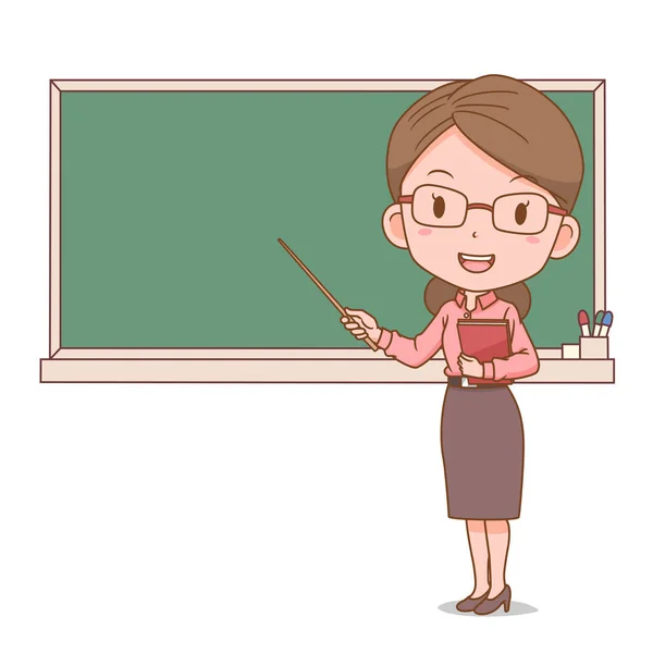 Cartoon Illustration Female Teacher Holding Stick Front Blackboard Gráficos vectoriales