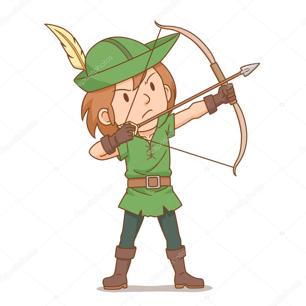 Cartoon character of Robin Hood shooting an arrow.