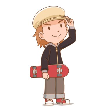 Cartoon character of skater boy holding skateboard.