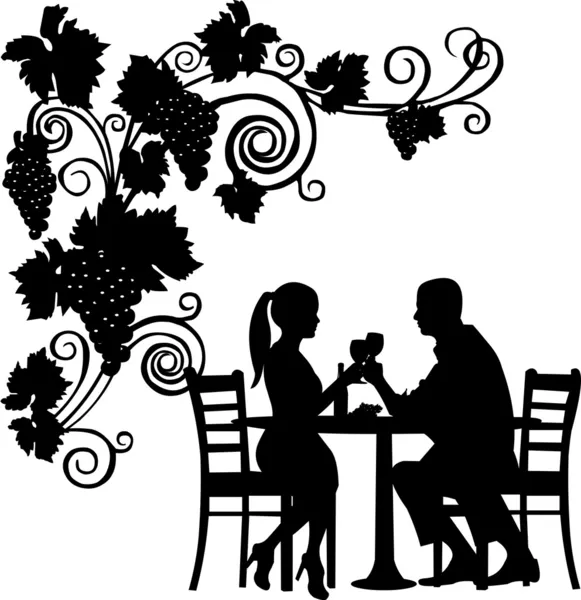 Fondo con uvas y pareja romántica en tostadas de restaurante con copa de silueta de vino en capas — Vector de stock