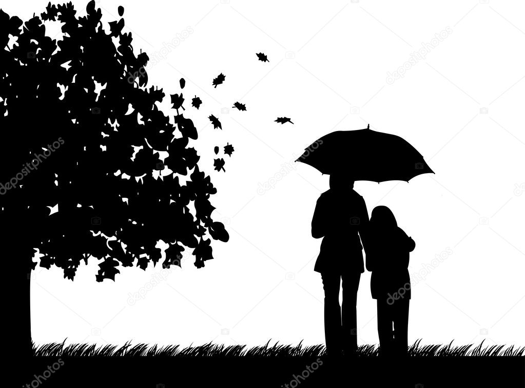Mother and daughter walking in the park under umbrella in autumn or fall silhouette, beautiful concept wallpaper