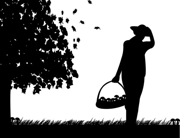 Dívka drží košík hub na louce na podzim nebo pádu silueta — Stockový vektor