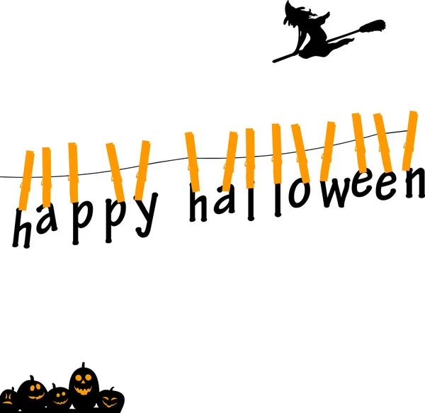 Feliz Halloween tarjetas colgando de una cuerda con pinzas de ropa — Vector de stock