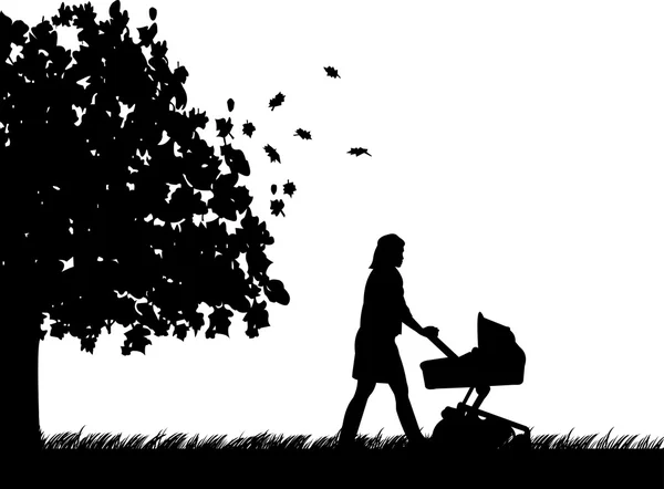 A young mother pushing the stroller and walk through the park in autumn or fall silhouette — Stock Vector