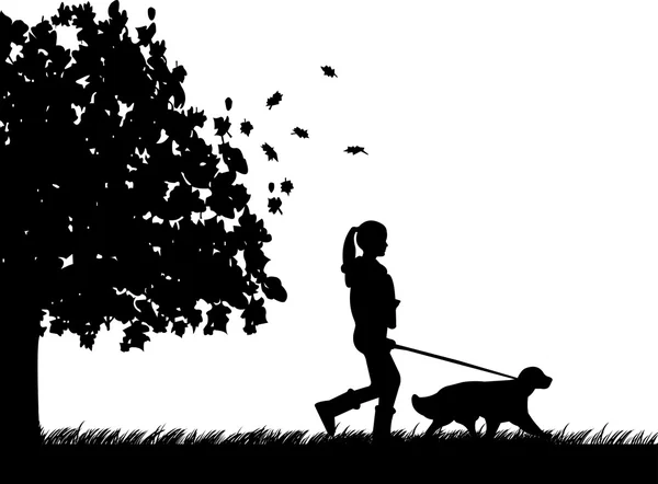 Girl walking a dog in park in autumn or fall silhouette — Stock Vector