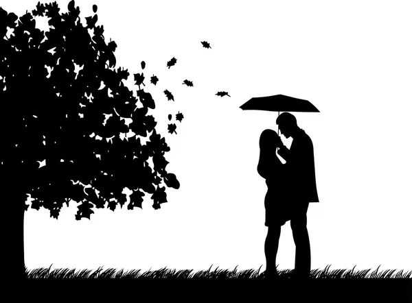 秋または落下のシルエットの木の下で傘が付いているカップルの背景 — ストックベクタ
