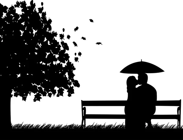 Couple sitting on a park bench and kissing under umbrella in autumn or fall silhouette Royalty Free Stock Vectors