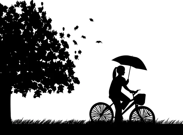 Young woman ride bike in the rain under umbrella in park in autumn or fall silhouette — Stock Vector