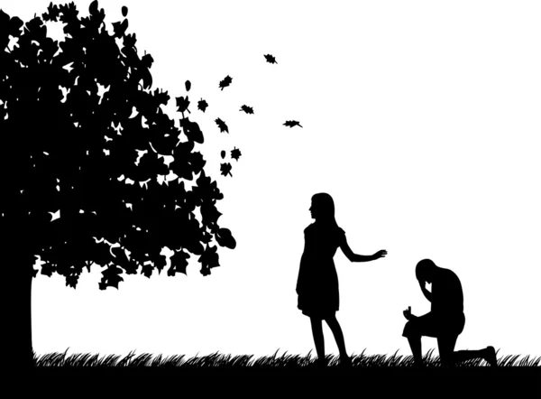 Homme supplie petite amie, fille refuse la demande en mariage dans le parc en automne ou en automne silhouette — Image vectorielle