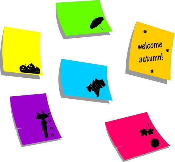 Autumn or fall icons, sticky colorful memo note papers — Stock Vector