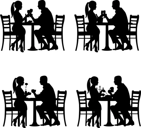 Achtergrond met romantische paar in restaurant in verschillende situatie silhouet — Stockvector