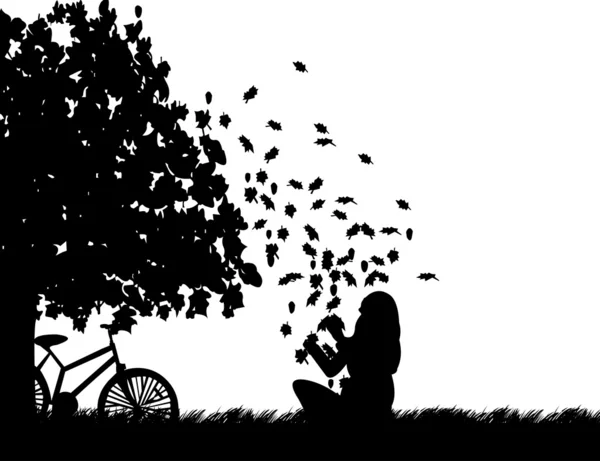 Girl with bike playing in the park with leaves falling from tree in park in fall or autumn silhouette — Stock Vector