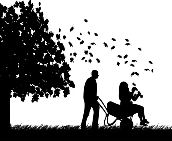 Man pushing a girl in cart in autumn or fall in garden or yard and foliage fly under the tree silhouette Royalty Free Stock Illustrations