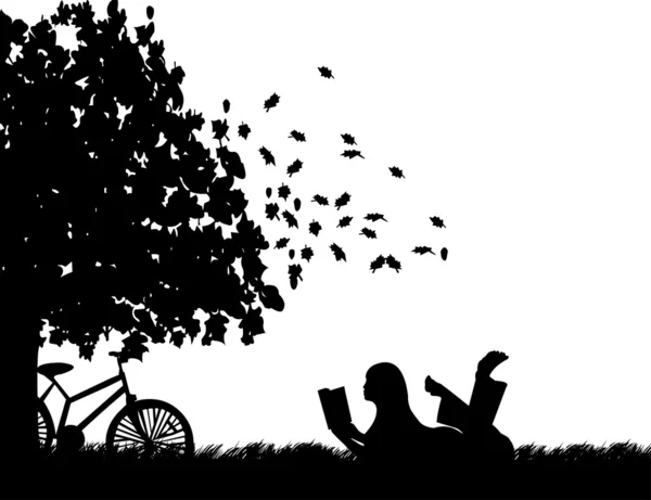 Silhouet van meisje met fiets lezen van een boek onder de boom in de herfst of najaar — Stockvector