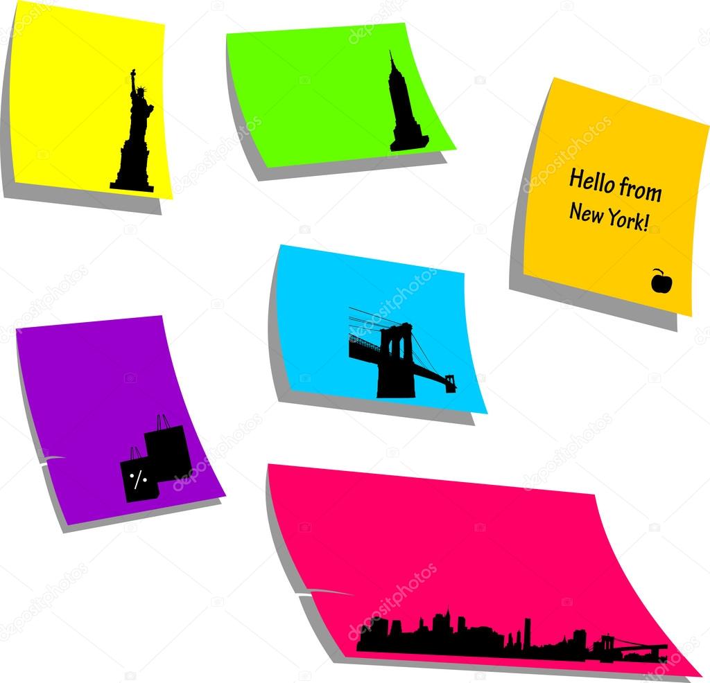 New York icons or symbols, sticky colorful memo note papers