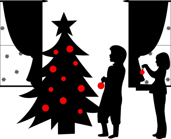 Kinder schmücken Weihnachtsbaum-Silhouette im Winter — Stockvektor