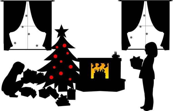 Kinder öffnen Geschenke unter dem Weihnachtsbaum im Wohnzimmer in winterlicher Silhouette — Stockvektor