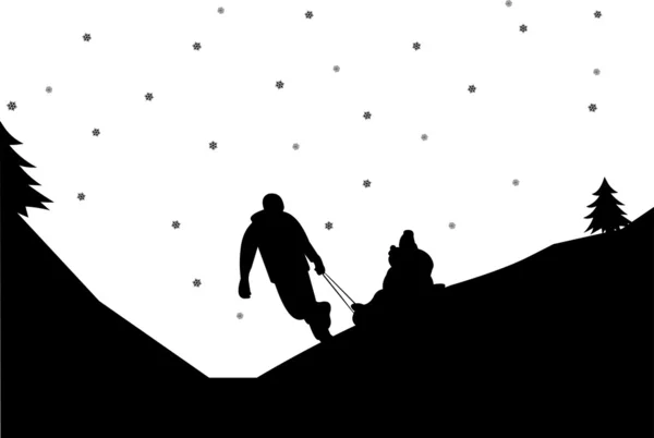 Familia de trineos con niños en la silueta de montaña en invierno — Vector de stock