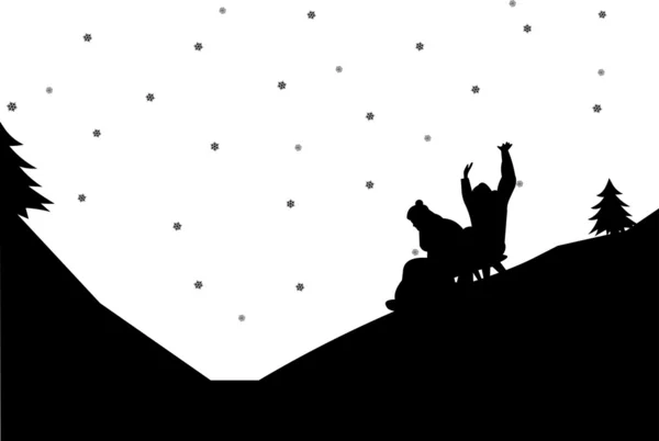 Sledding couple in mountain in winter silhouette — Stock Vector