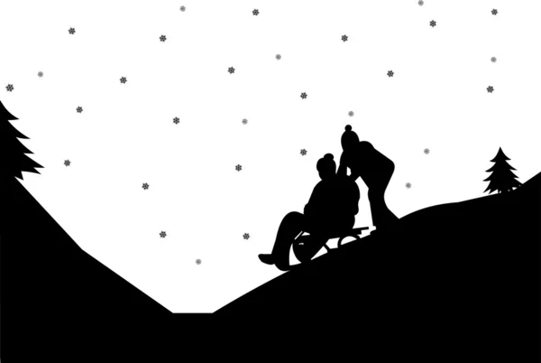 Sledding couple in mountain in winter silhouette — Stock Vector